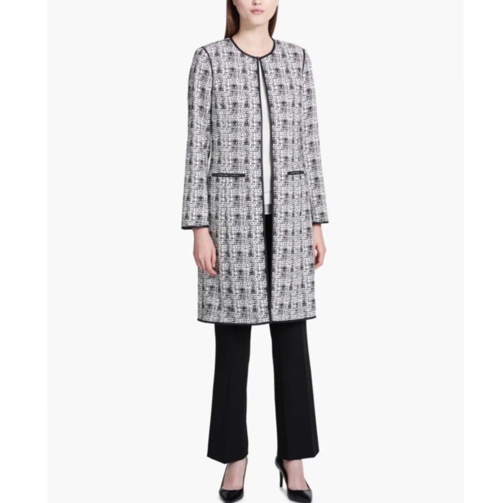 Calvin Klein Long Line Jacket Career White black faux leather trim topper 6